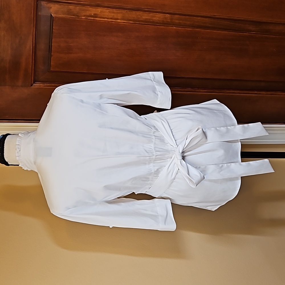 ANTILIA FEMME RUFFLE BLOUSE TOP STRETCH WHITE M TIE WAIST 3/4 SLEEVE - Picture 8 of 10